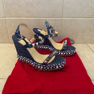 Christian Louboutin Pyraclou Denim Studded Wedges - Like New